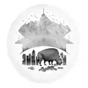 A tattoo design featuring the Pittsburgh skyline merging into a buffalo roaming through a field, with elements of nature and food incorporated throughout tattoo design idea