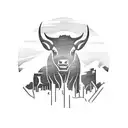 A tattoo design featuring the Pittsburgh skyline merging into a buffalo roaming through a field, with elements of nature and food incorporated throughout tattoo design idea