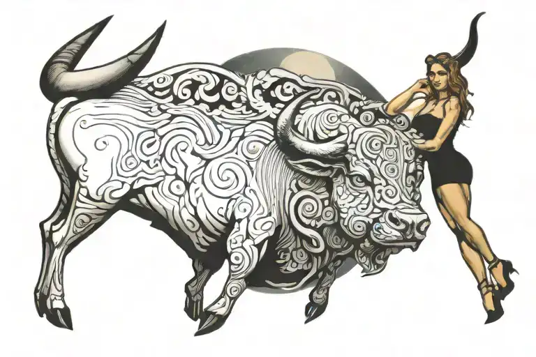 Taurus bull and woman posed in front of full moon tattoo design idea