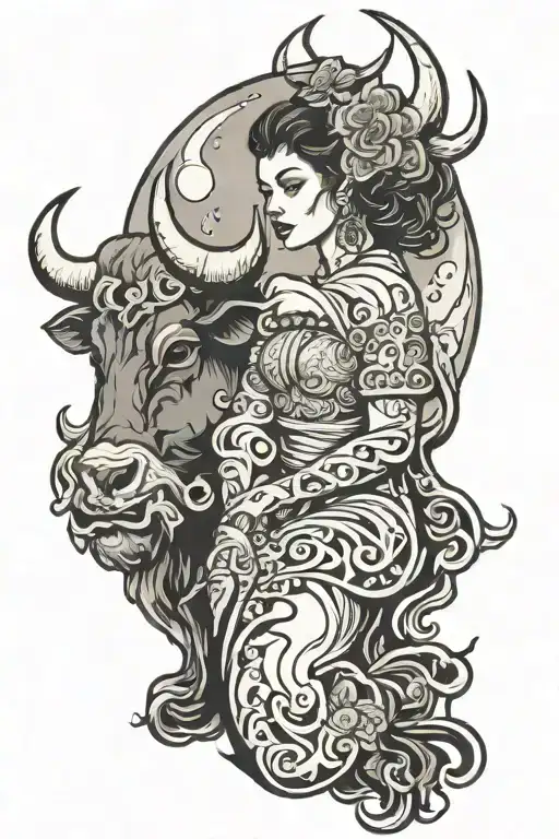Taurus bull woman full moon merging together tattoo design idea