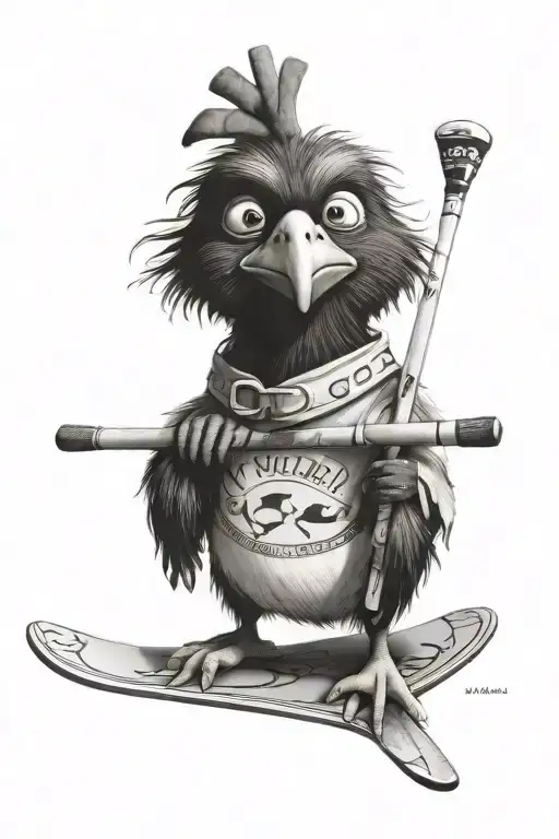 chicken Joe from surfs up but with skis instead of a surfboard. the word "radical" underneath him tattoo design idea