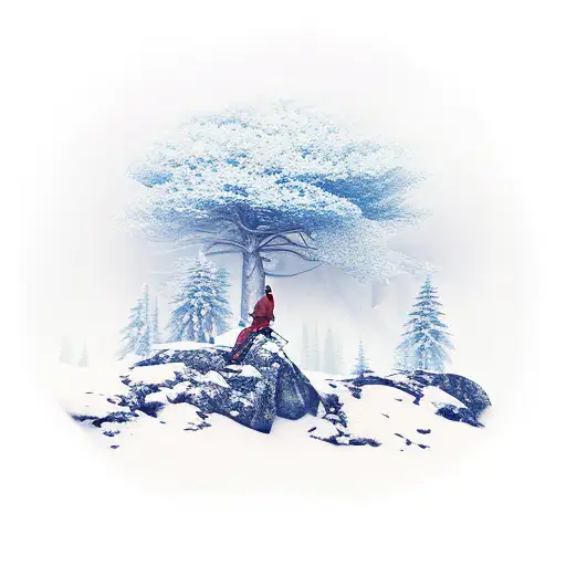 a serene mountain scene with a forest underneath the mountains and a skier skiing through the forest tattoo design idea