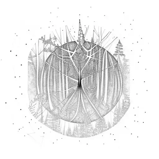 A moonlit forest with spiders weaving their webs in the trees tattoo design idea