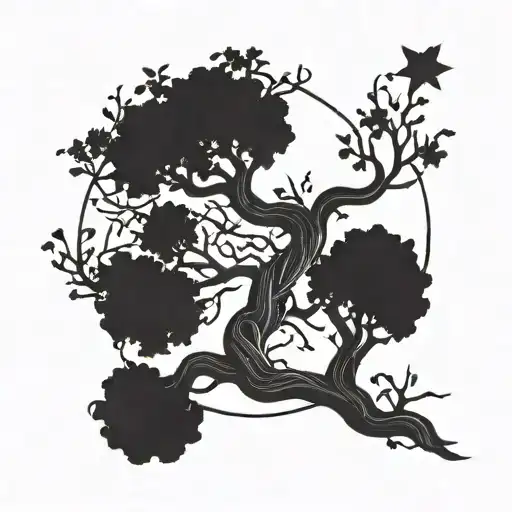 A sinister blackwork tattoo of a twisted tree with moon and star elements intertwined in the branches, representing the balance between light and darkness tattoo design idea