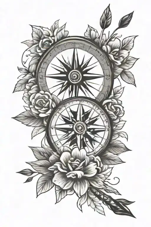 compass, arrow and flower tattoo design idea