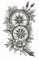 compass, arrow and flower tattoo design idea