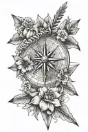 compass, arrow and flower tattoo design idea