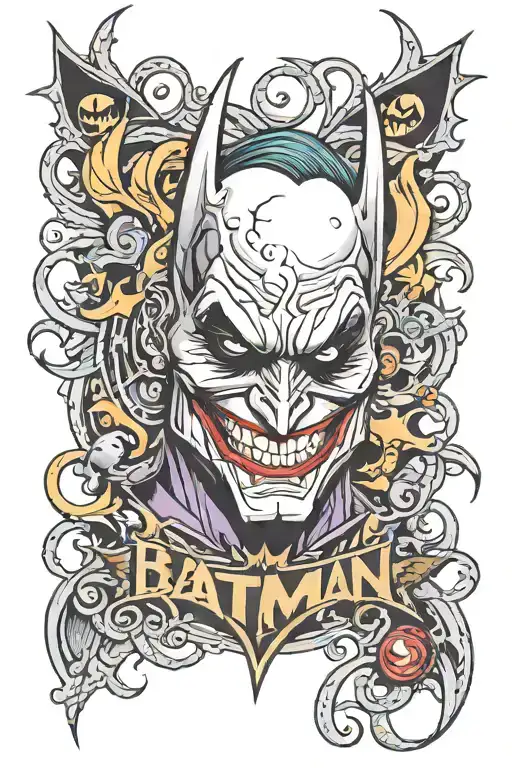 batman logo and joker ha ha ha ha" written tattoo design idea