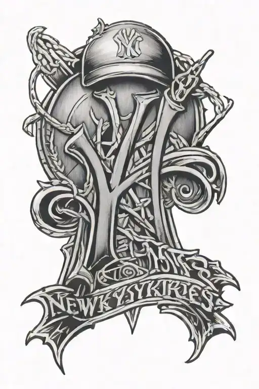 A detailed black and grey tattoo of the New York Yankees logo with a heartbeat line tattoo design idea