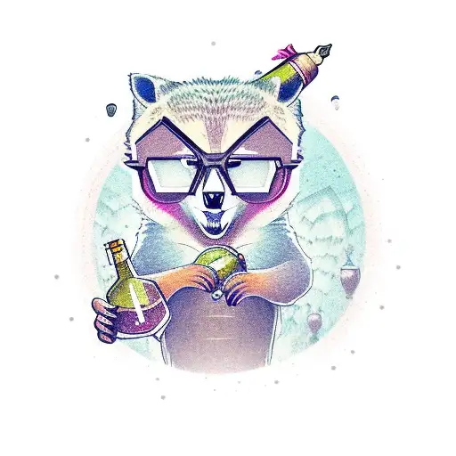 trashpanda with empty wine bottles tattoo design idea