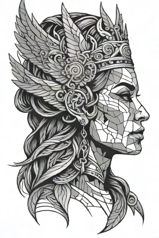 full face face of a Valkyrie with a crown and wings in the style tattoo design idea
