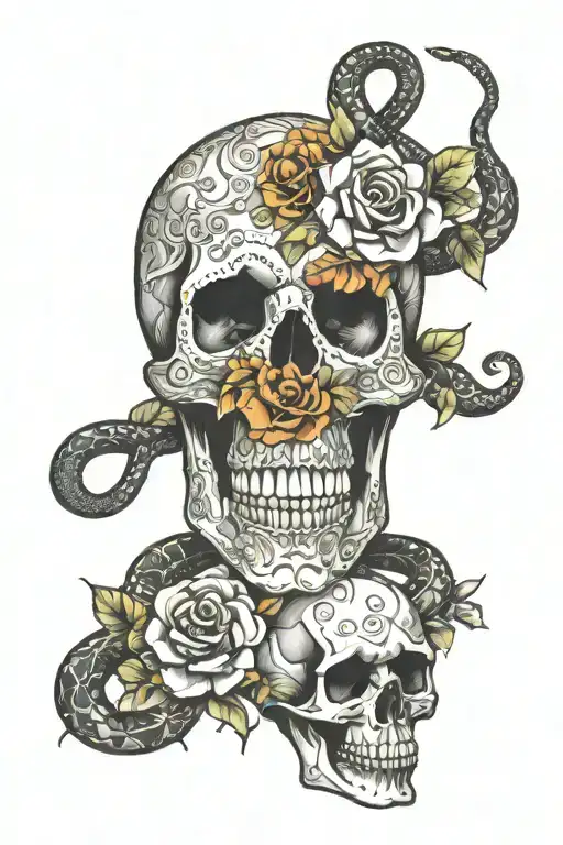 1 skull, multiple flowers, snake slithering outline bold line work tattoo design idea