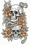 skull, flowers, snake slithering outline bold line work tattoo design idea