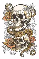 skull, flowers, snake slithering outline bold line work tattoo design idea