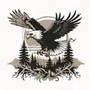 A scene of an eagle soaring through a forest filled with wildlife, symbolizing freedom and strength tattoo design idea