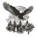A scene of an eagle soaring through a forest filled with wildlife, symbolizing freedom and strength tattoo design idea
