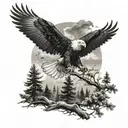 A scene of an eagle soaring through a forest filled with wildlife, symbolizing freedom and strength tattoo design idea