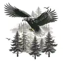 A scene of an eagle soaring through a forest filled with wildlife, symbolizing freedom and strength tattoo design idea