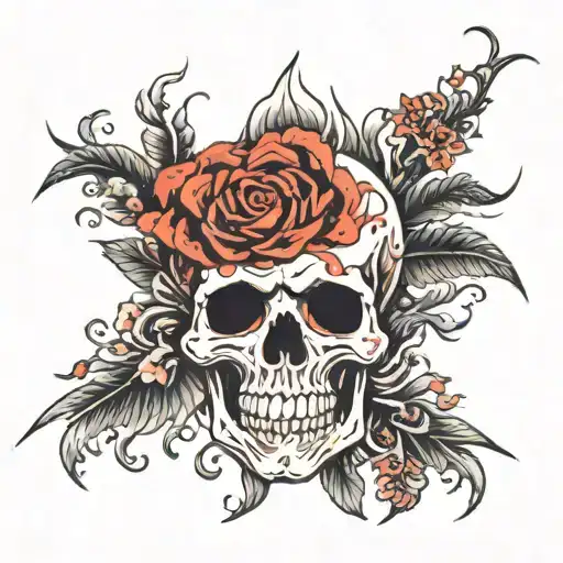 jawless skull, with flower bouquet, and flaming heart eyes  tattoo design idea