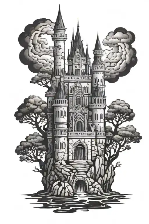 dark castle floating tattoo design idea