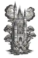 dark castle floating tattoo design idea