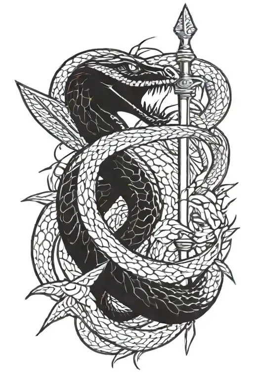 a women's arm  with long sharp nails hold a dagger while a black king cobra is twirling around her arm  tattoo design idea
