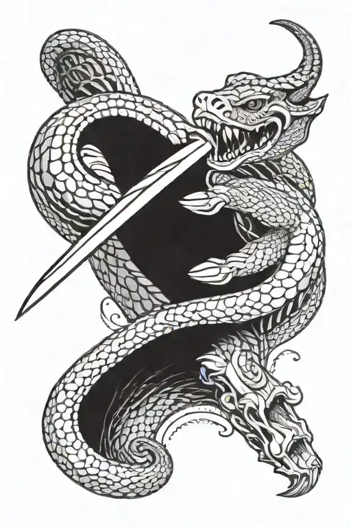 a women's hand with long sharp nails holding a dagger while a black king cobra snake is swirling around her hand tattoo design idea