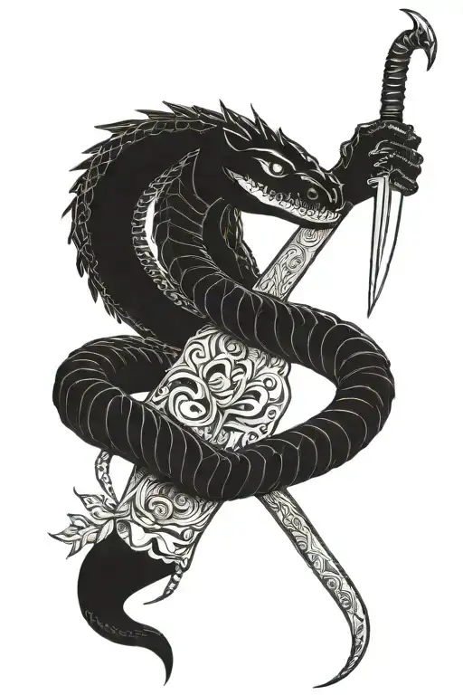 a women's hand with long sharp nails hold a dagger while a black king cobra is twirling around her arm  tattoo design idea