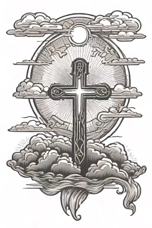 a cross and sun behind storm clouds. water underneath. tattoo design idea