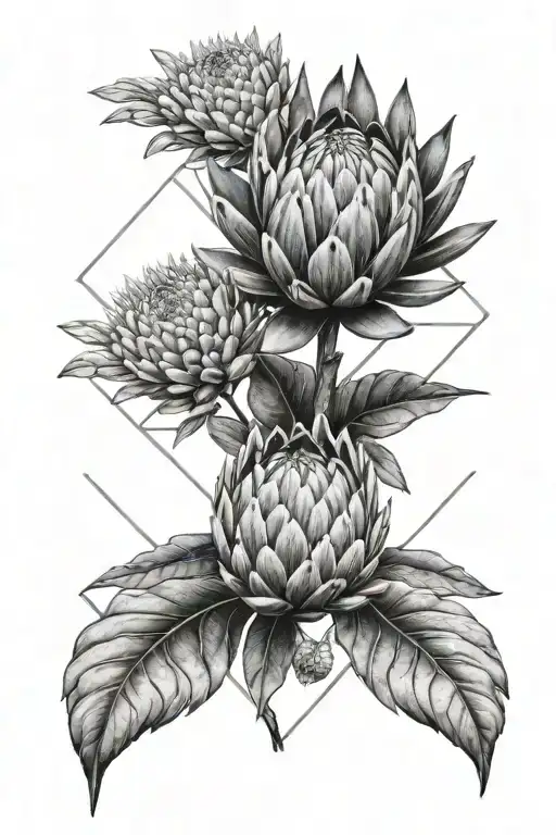 Protea flower, acacia tree, sacred geometry patterns tattoo design idea