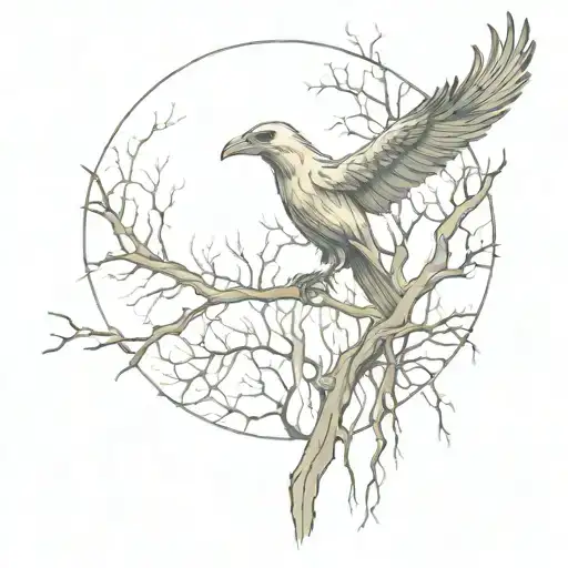 A hauntingly beautiful tattoo of a ghostly figure emerging from a foggy swamp, with skeletal hands reaching out towards a taxidermy crow perched on a moss-covered branch tattoo design idea