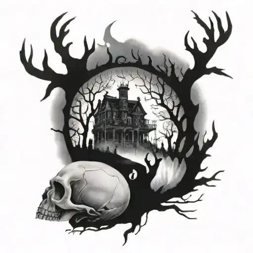 A surreal tattoo design featuring a haunted mansion surrounded by eerie fog and twisted trees, with a taxidermy deer skull prominently displayed in the foreground tattoo design idea