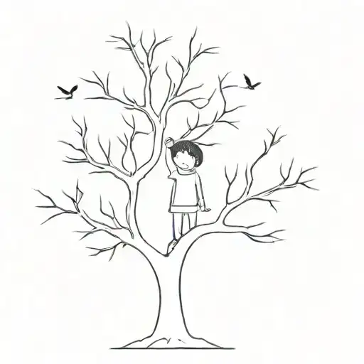 small kid looking up at a large tree without leaves tattoo design idea