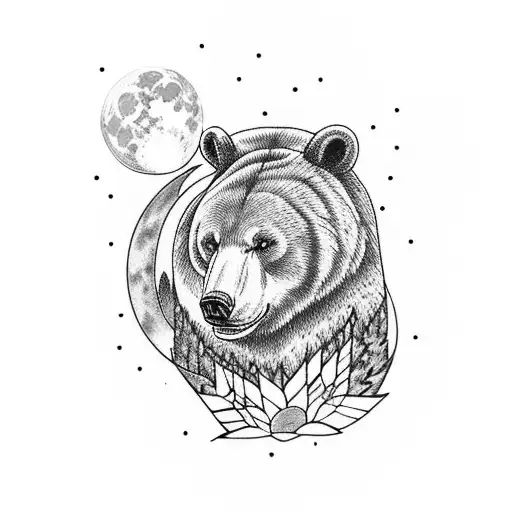 warrior bear with fullmoon and forest behind it tattoo design idea