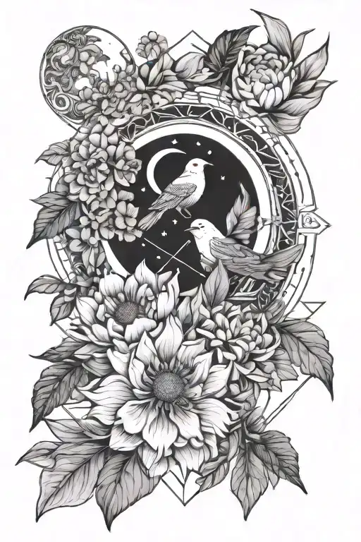 moon and sun, lines, circles, bird, peonies, lilacs tattoo design idea