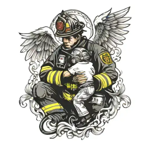 firefighter with angel wings helping a child tattoo design idea