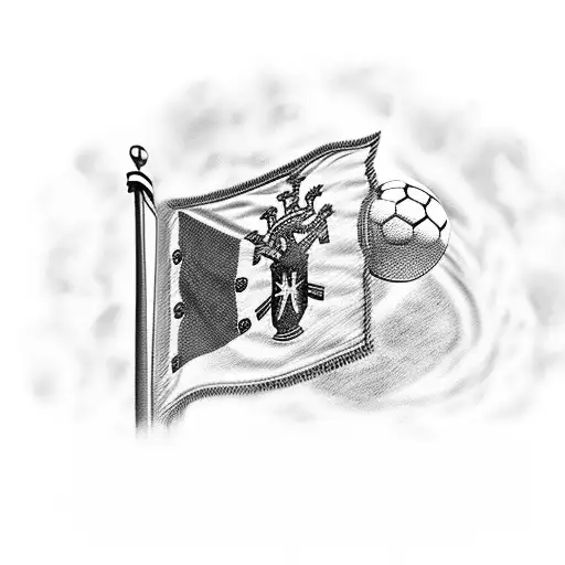 portugal flag waving with a stadium in the background and a soccer ball tattoo design idea