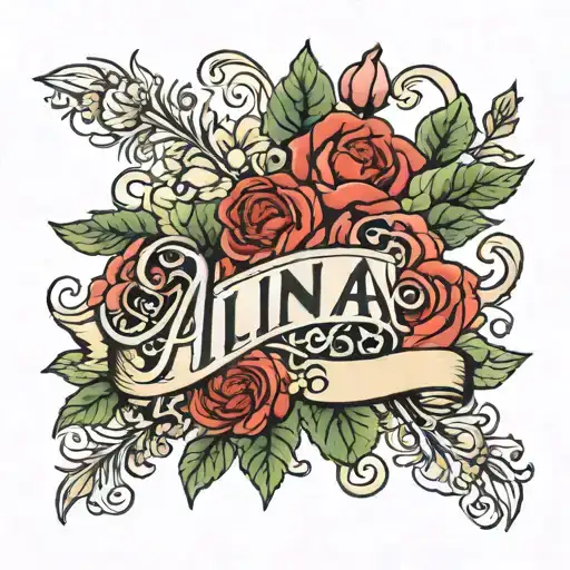the name alina in cursive inside a russian crest surrounded by flowers tattoo design idea