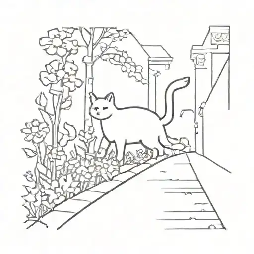 Silhouette of a cat walking down a flower-lined street tattoo design idea