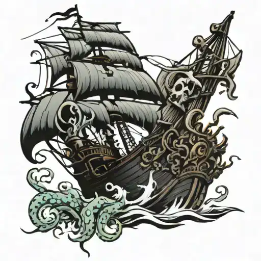 pirate ship wth kraken attacking tattoo design idea