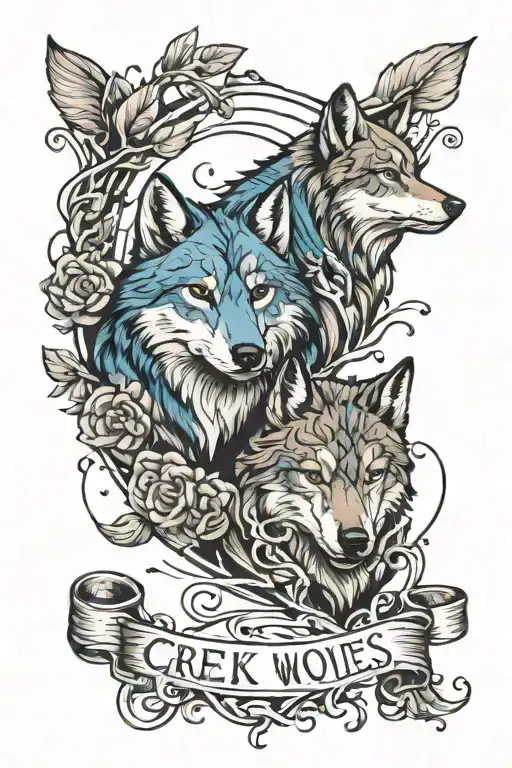 creek and wolves with the names Wrenley and Wyatt  tattoo design idea