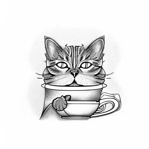 A weightlifting cat with a coffee mug in one hand and a dumbbell in the other, in a dotwork style tattoo design idea