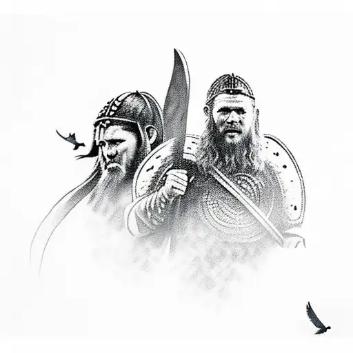Viking walking on a field after battle . crows flying around tattoo design idea