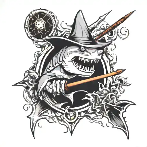 shark and wizard and pool cue swirling tattoo design idea