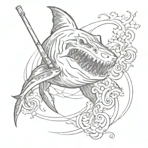 shark and wizard and pool cue swirling tattoo design idea