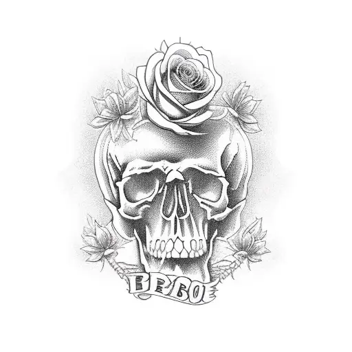 three book stack in neo traditional with skull on top, with two flowers in bi pride colors tattoo design idea