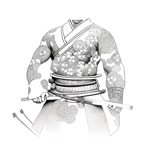 Samurai warrior in a garden of cherry blossoms thinking abour war tattoo design idea