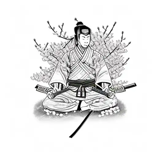 Samurai warrior meditating in a garden of cherry blossoms thinking abour war tattoo design idea