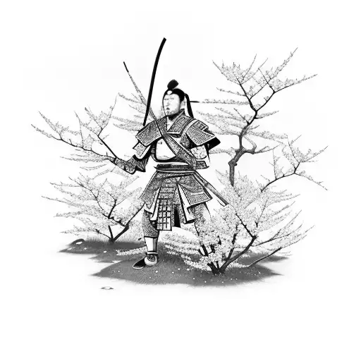 Samurai warrior meditatting in a garden of cherry blossoms thinking abour war tattoo design idea