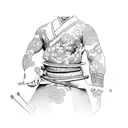 Samurai warrior in a garden of cherry blossoms thinking abour war tattoo design idea